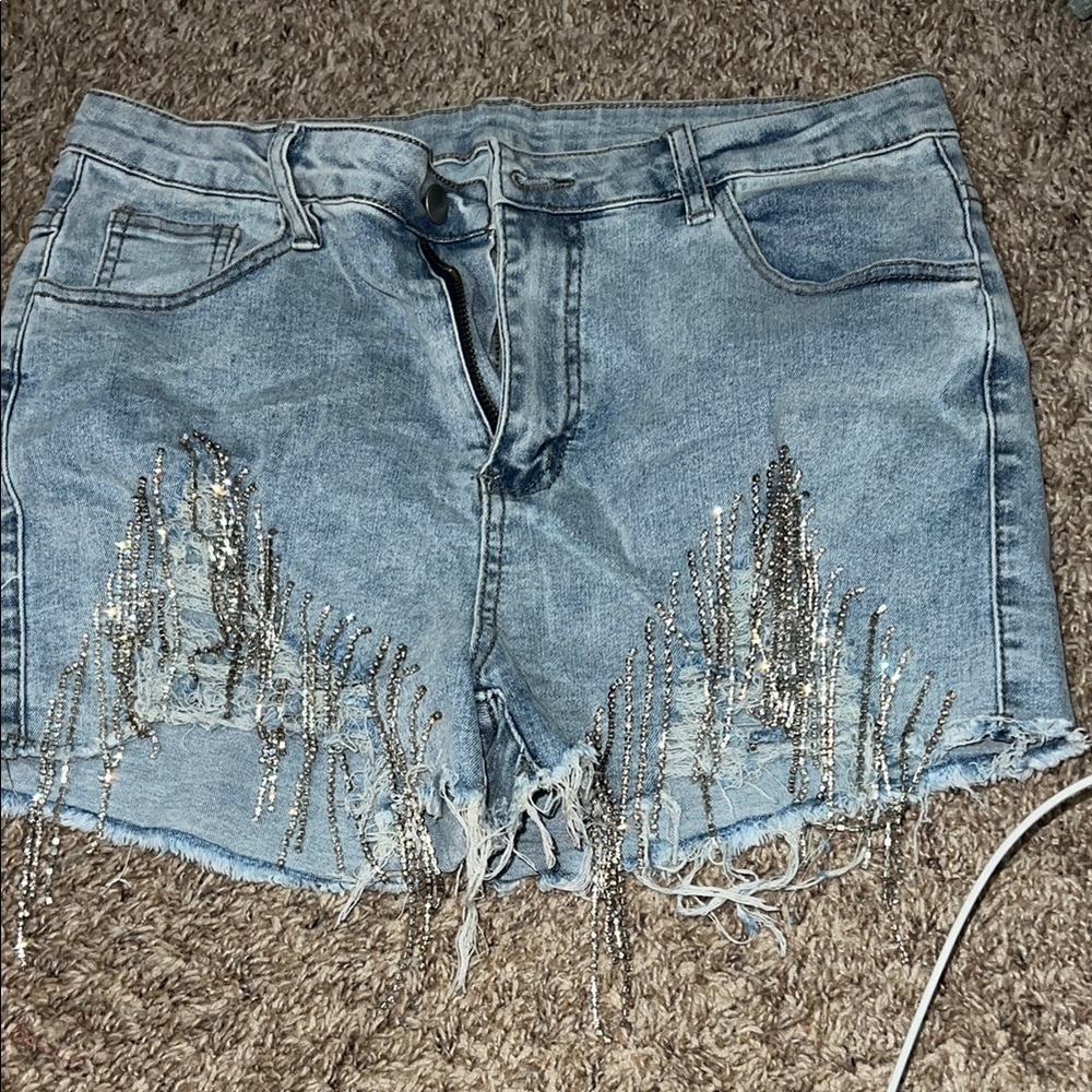 Denim Shorts with Silver Fringe